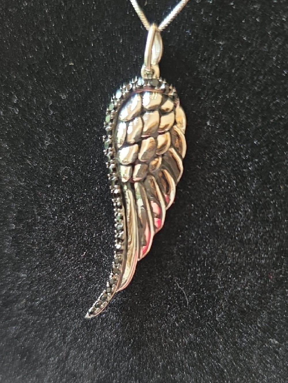 Sterling Silver Angel Wing Pendant Necklace With Black Stones - Picture 2 of 4